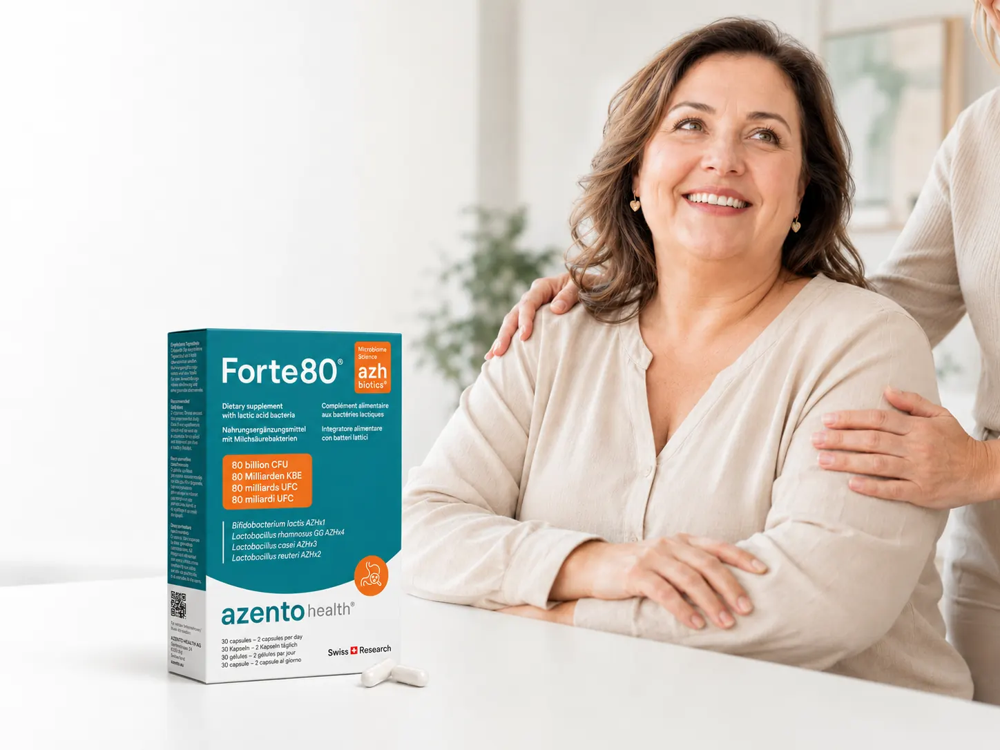 Forte80® mini Packung mit lächelnder Frau – empathische, unterstützende Begleitung