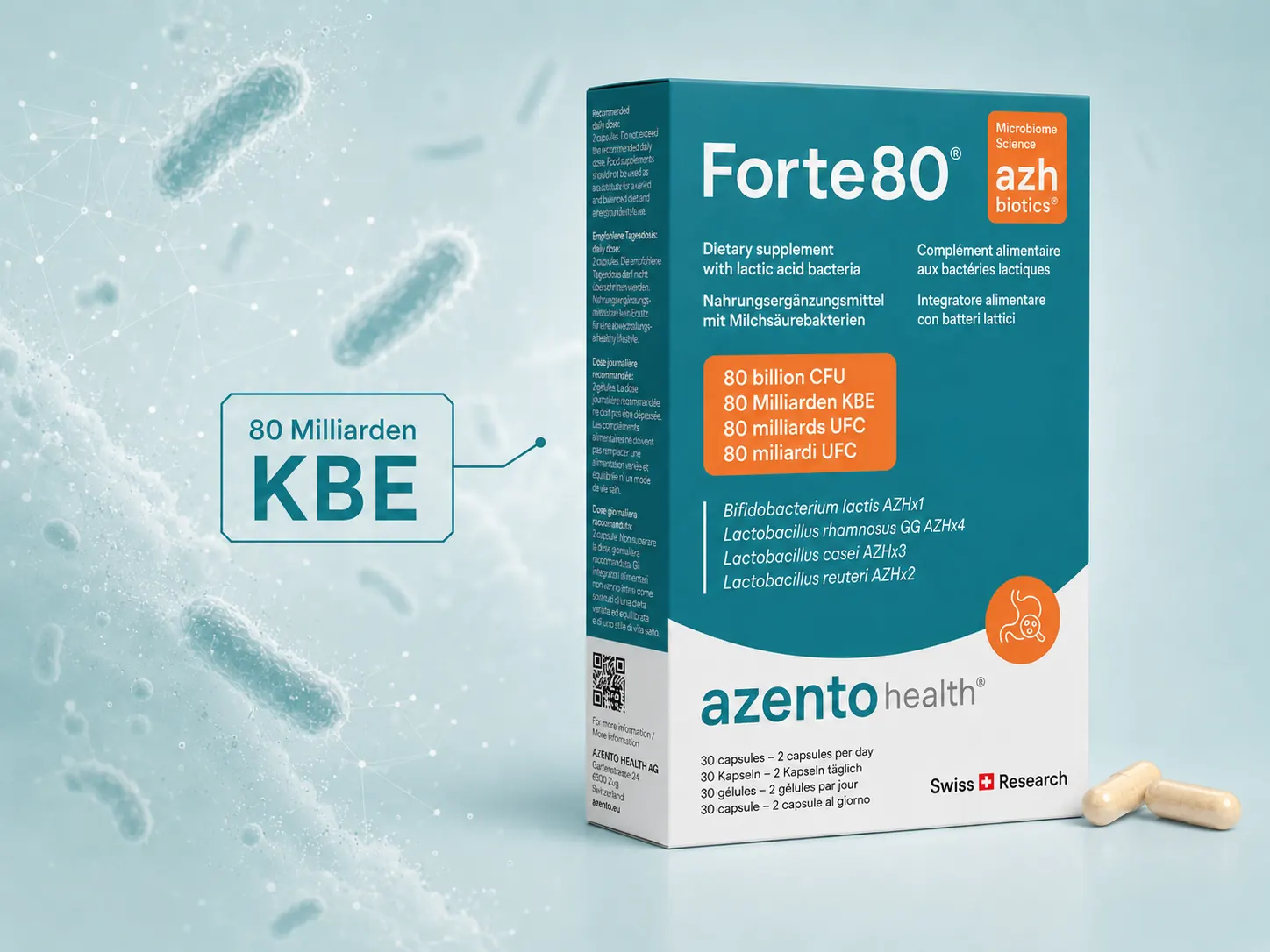 Forte80® mini Packshot mit Bakterien-Visualisierung und 80 Milliarden KBE Label
