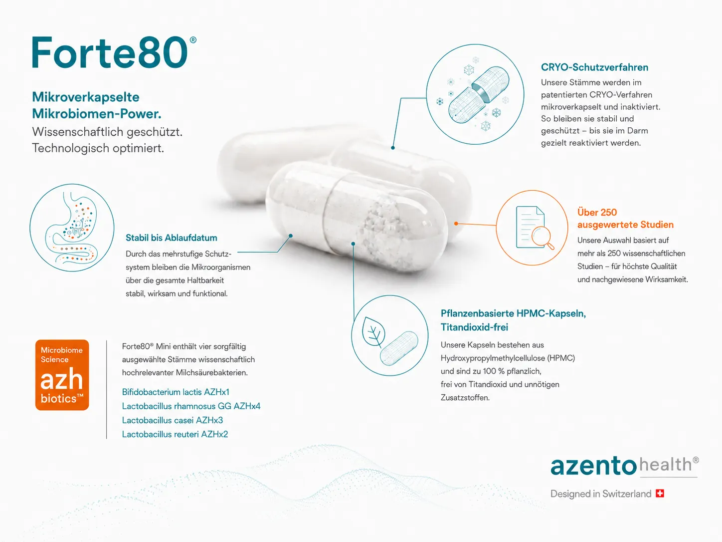 Forte80® mini Kapsel-Infografik: CRYO-Schutzverfahren, stabil bis Ablaufdatum, pflanzenbasierte HPMC-Kapseln, über 250 ausgewertete Studien
